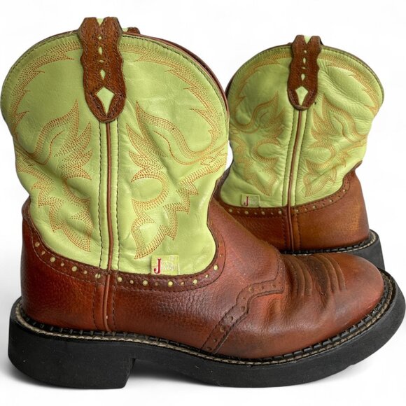 Justin Leather Lime Green Brown Roper Western Cowgirl Cowboy Boots Women's 8.5 B - Picture 9 of 14